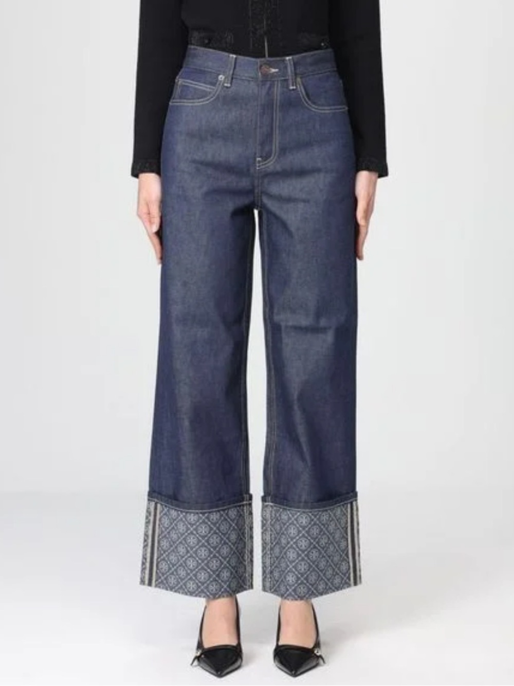 Tory Burch Dark Blue Wide-Leg Jeans with Patterned Cuffs